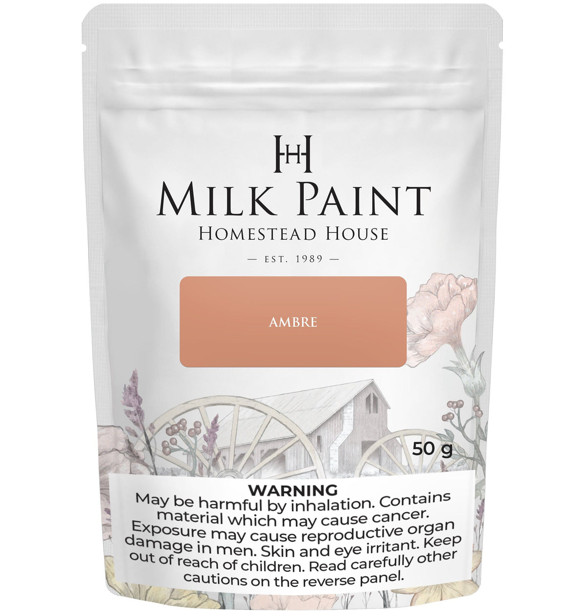 Homestead House Amber Milk Paint 50g pouch with floral design and warning text at the bottom.