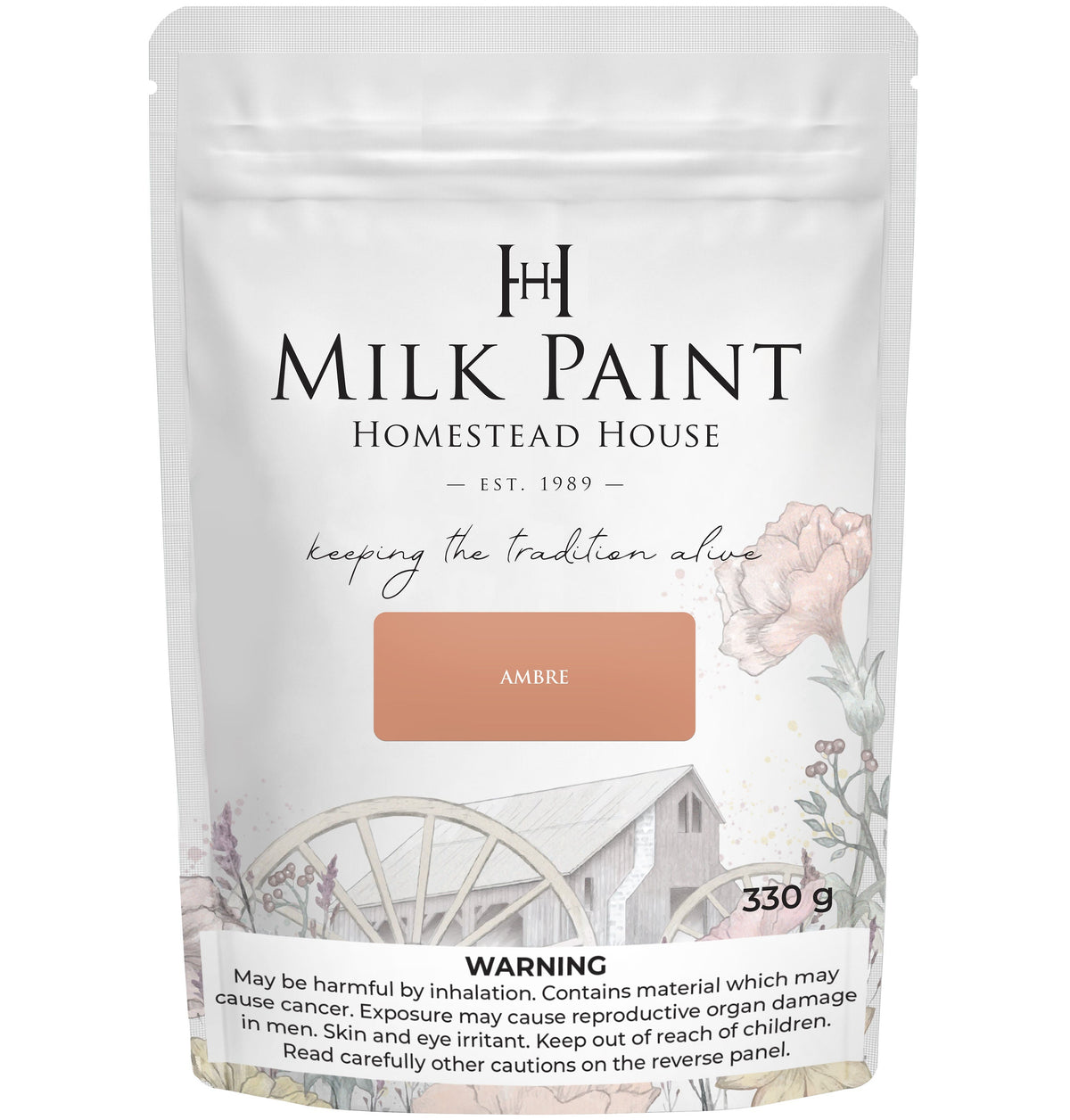 330g Homestead House Amber Milk Paint pouch with rustic wagon and flower graphic on the front.