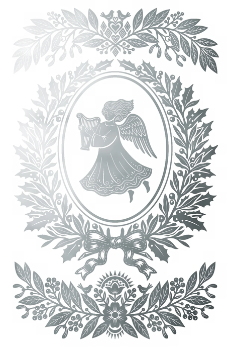 Grayscale angel holding a harp with floral details, designed for I.O.D. Angles Sing Gilded Transfer (2026).