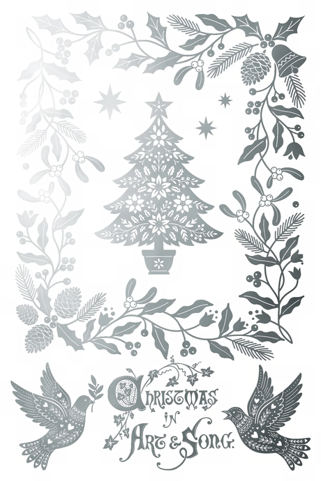 Gray Christmas tree, holly, and birds with gold leaf; Angles Sing Gilded 2026 Transfer by I.O.D.