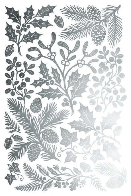 Black and white holly and mistletoe art for Angles Sing Gilded (2026) Transfer by I.O.D. holiday craft.