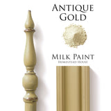 Homestead House Antique Gold Milk Paint applied to wood trim for a vintage gold finish.