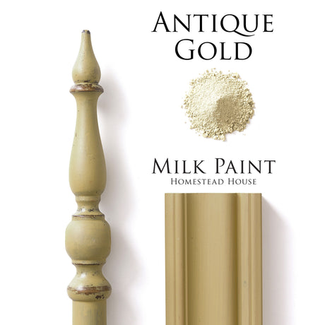 Homestead House Antique Gold Milk Paint applied to wood trim for a vintage gold finish.