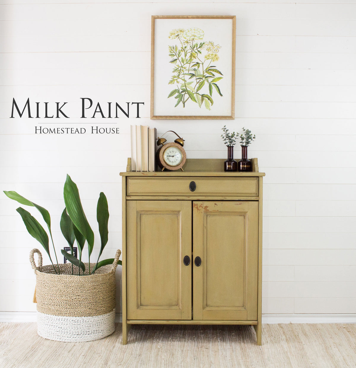 Tan cabinet painted with Homestead House Antique Gold Milk Paint.