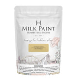 330g Antique Gold Milk Paint by Homestead House with rustic wheelbarrow art and clear safety warning on bag.