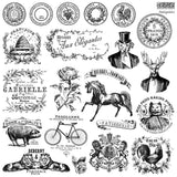 Antiquities Stamp by IOD featuring vintage French labels, animals, and flowers.