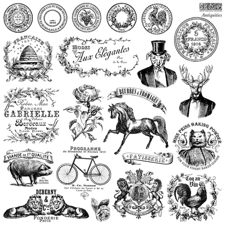 Antiquities Stamp by IOD featuring vintage French labels, animals, and flowers.