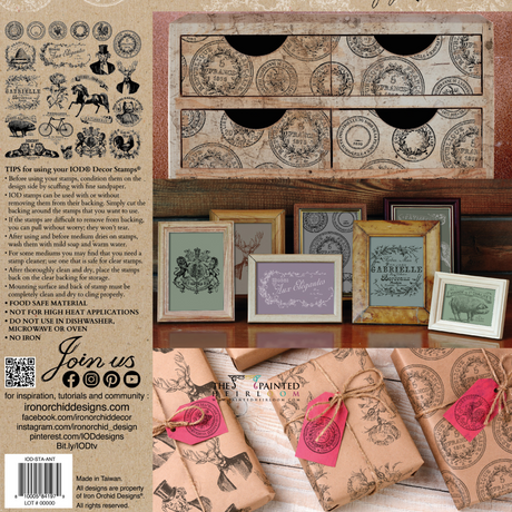 Antiquities Stamp by I.O.D., framed prints, and wrapped gifts with text instructions on a light background.