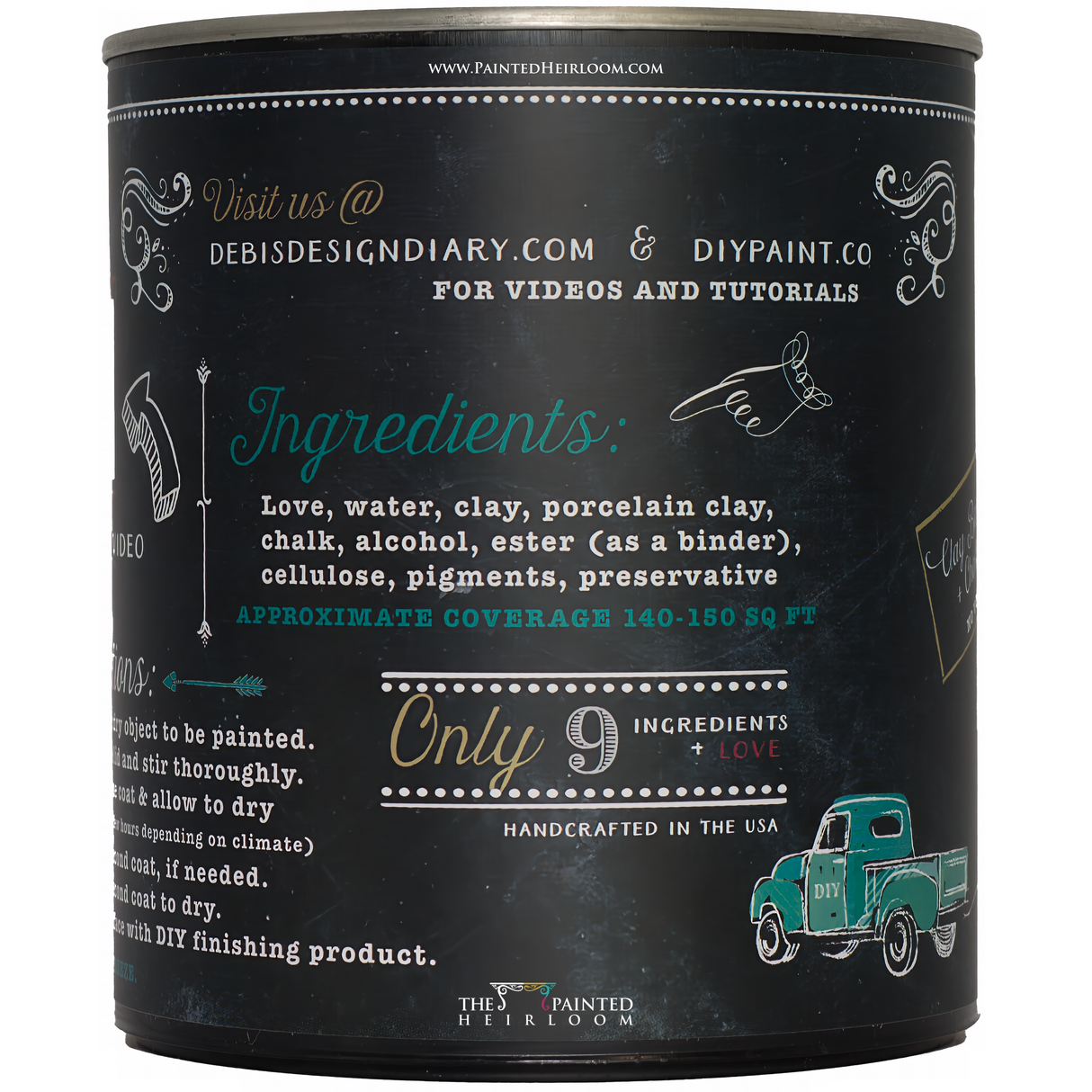 A DIY Paint Co. Bohemian Blue can with ingredients, coverage info, vintage truck art, and website on the label.