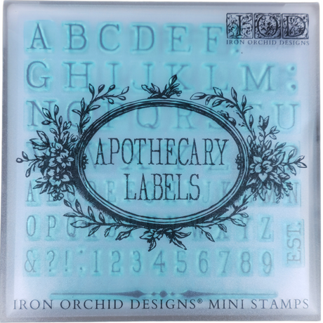 Apothecary Mini-Stamp by IOD, alphabet and number stamp set from Iron Orchid Designs for labeling and crafts.