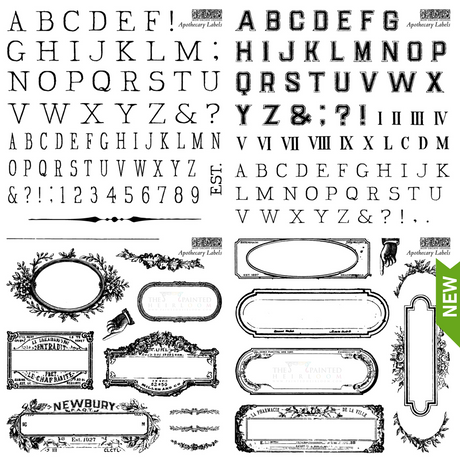 Apothecary Mini-Stamp by IOD featuring ornate Roman numerals and vintage-style labels arranged in neat rows.