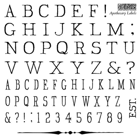 IOD Apothecary Mini-Stamp set with vintage-style letters, numbers, and symbols for crafts. Brand: I.O.D.