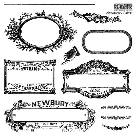 The Apothecary Mini-Stamp by I.O.D. featuring ornate frames and classic apothecary-style lettering.