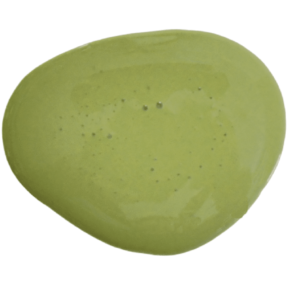 Glossy olive green Artichoke paint swatch by Old Fashioned Milk Paint with a few bubbles on the non-toxic surface.