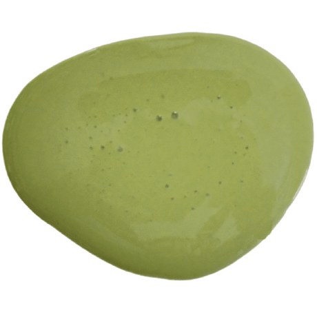 Glossy olive green Artichoke paint swatch by Old Fashioned Milk Paint with a few bubbles on the non-toxic surface.