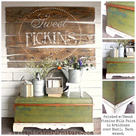 Green trunk with white base, finished in Artichoke – Sweet Pickins Milk Paint by Old Fashioned Milk Paint.
