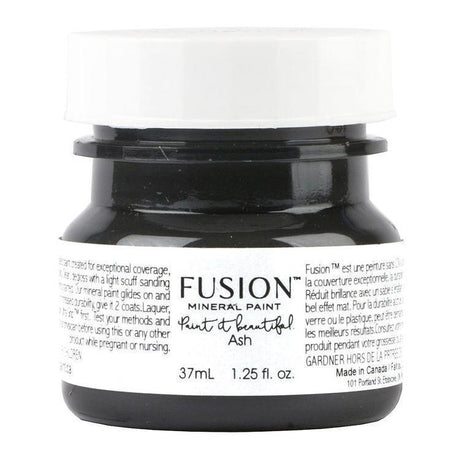 Fusion Mineral Paint 37mL jar, Ash color (dark charcoal grey) with white cap.