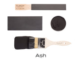 Fusion Mineral Paint Ash samples in dark charcoal grey shown with brush, paint swatch, and open jar.