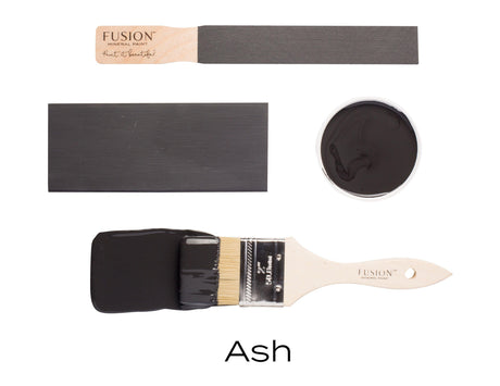 Fusion Mineral Paint Ash samples in dark charcoal grey shown with brush, paint swatch, and open jar.