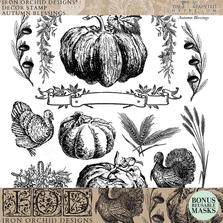 Autumn Blessings Stamp (2025 Limited Release) by I.O.D. featuring symmetrical fall motifs like pumpkins and leaves.