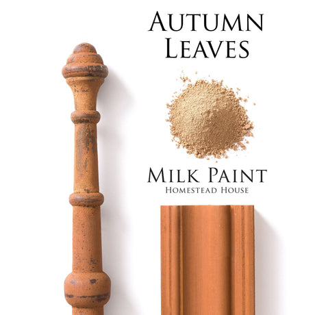 Wood spindle and molding painted in Autumn Leaves Milk Paint by Homestead House, powder and labeled text also shown.