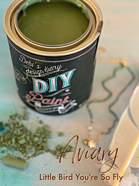 Open Aviary DIY Paint Co. can with eco-friendly label, spilled paint chips, jewelry, and “Aviary” text visible.