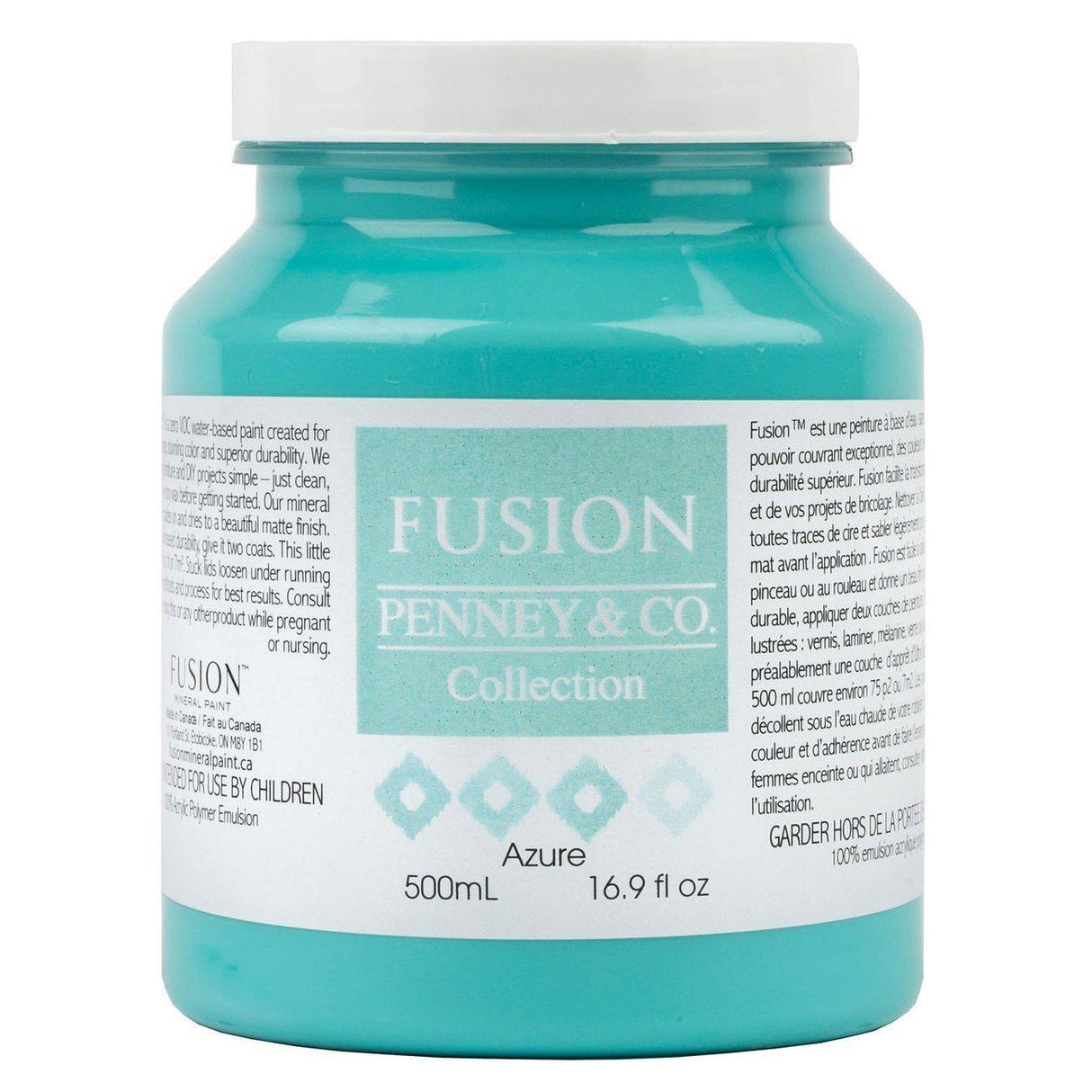 500mL jar of Fusion Mineral Paint in Azure turquoise with white lid.