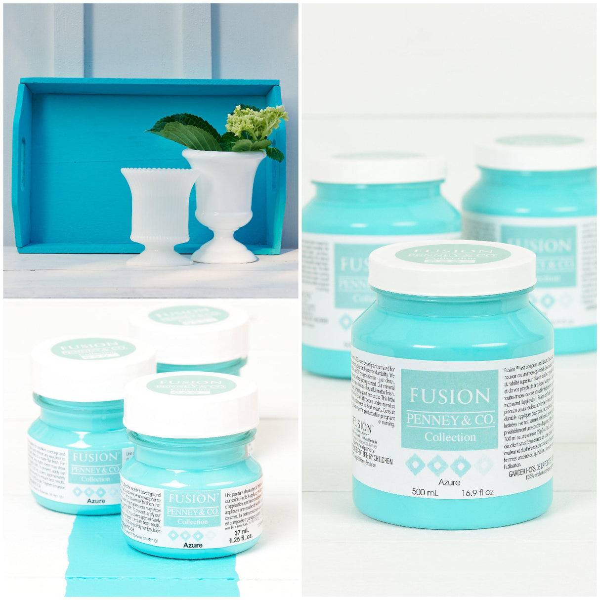 Four Fusion Mineral Paint Azure jars with tray, shown beside two white vases on a blue and white surface.