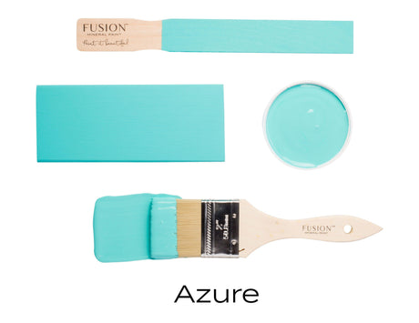 Azure Fusion Mineral Paint turquoise: paint swatch, brush sample, sample stick, and container shown.
