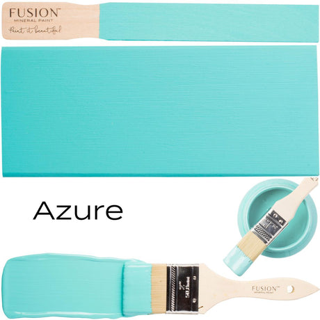 Brush and stir stick with Azure Fusion Mineral Paint, all-in-one turquoise acrylic by Fusion Mineral Paint.