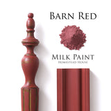 Barn Red Milk Paint by Homestead House displayed on labeled wood samples.