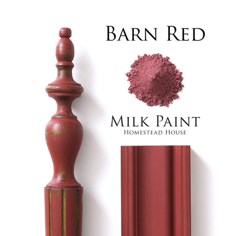Barn Red Milk Paint by Homestead House displayed on labeled wood samples.