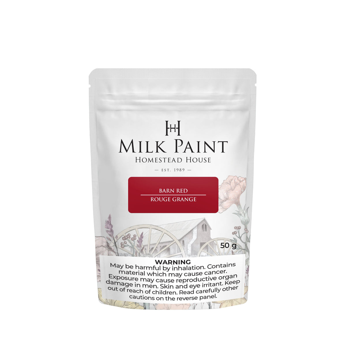 50g Barn Red Milk Paint by Homestead House with warning label and barn plus wagon wheel illustration on packaging.