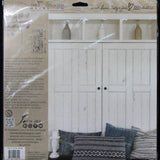 White wooden doors, blue-gray pillows, and I.O.D. Barnwood Planks Stamp in one package.