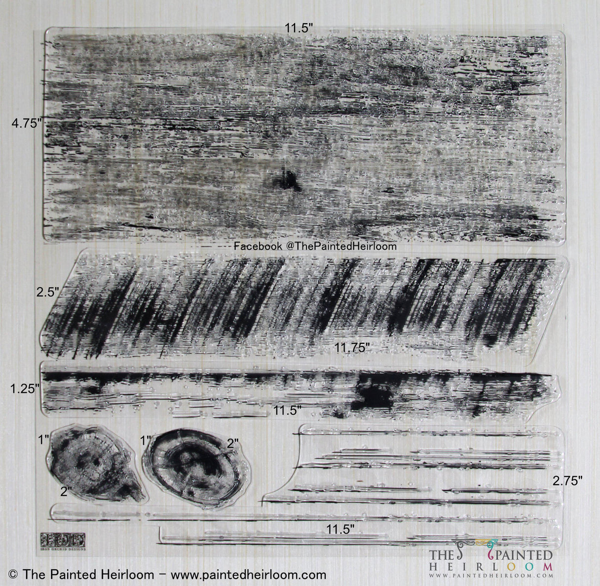 I.O.D. Barnwood Planks Stamp by Iron Orchid Designs; clear silicone, wood grain and knot patterns, sizes in inches.