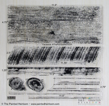 I.O.D. Barnwood Planks Stamp by Iron Orchid Designs; clear silicone, wood grain and knot patterns, sizes in inches.