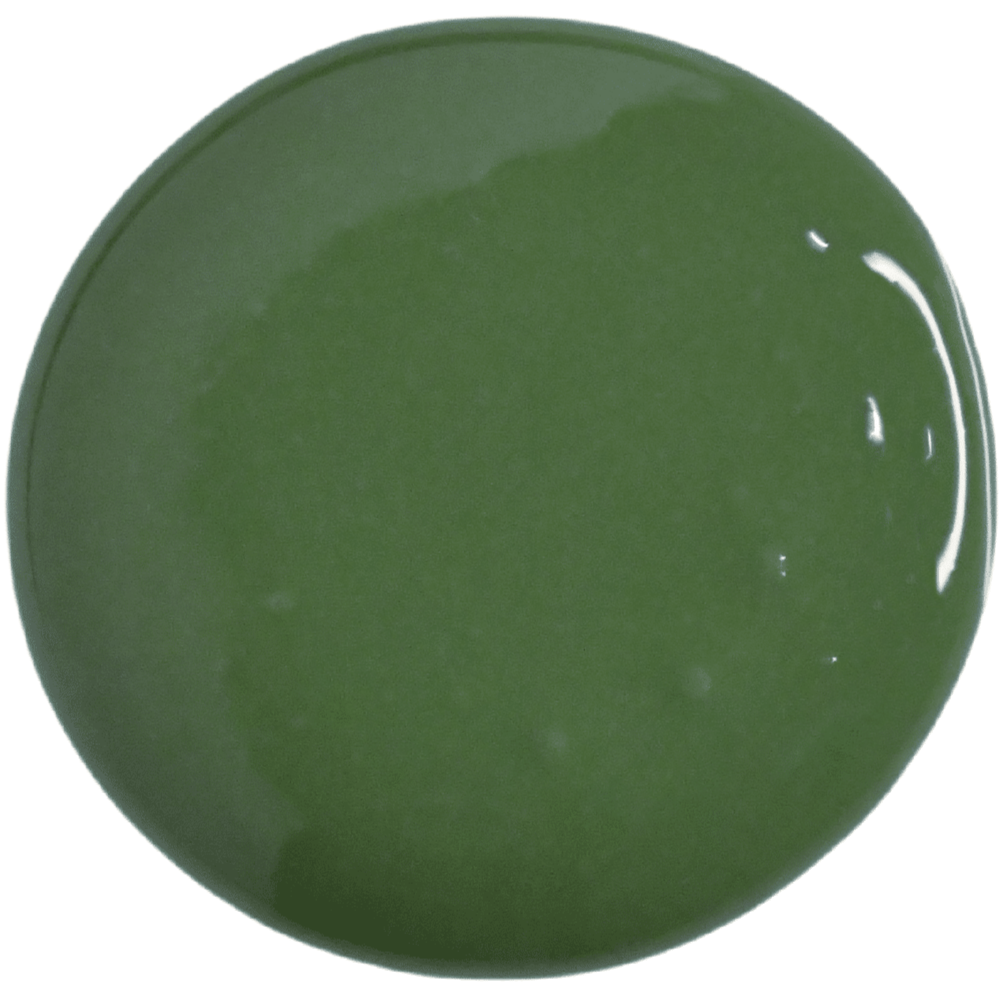 Old Fashioned Milk Paint Basil, circular glossy dark forest green splotch on white, non-toxic.
