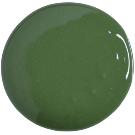 Old Fashioned Milk Paint Basil, circular glossy dark forest green splotch on white, non-toxic.