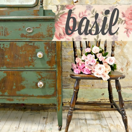 Distressed dresser, rustic rose chair, and basil sign painted in Old Fashioned Milk Paint’s Basil shade.