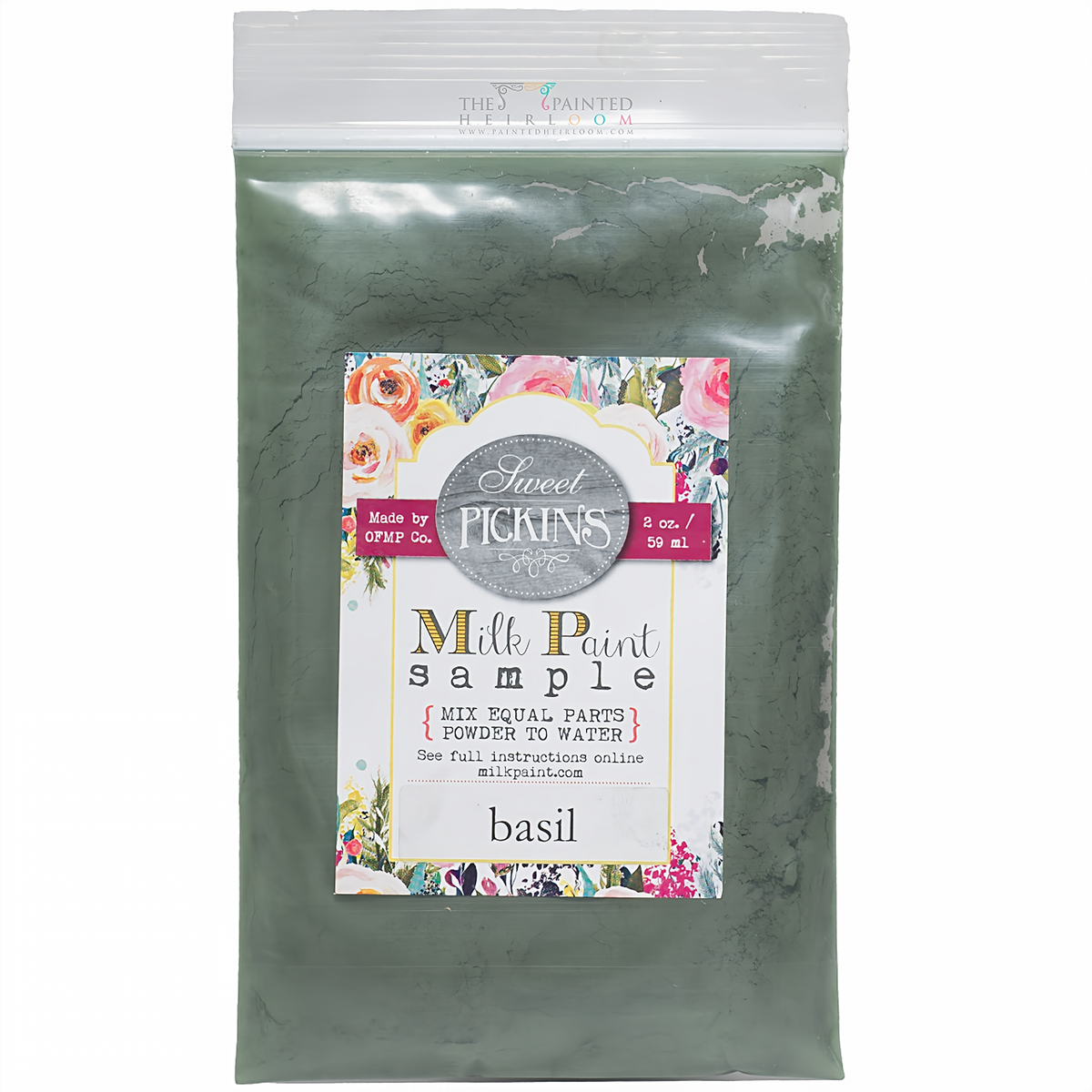 Old Fashioned Milk Paint, Basil color, in a clear bag labeled “floral” with mix-with-water directions visible.