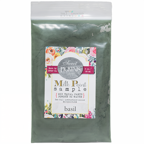 Old Fashioned Milk Paint, Basil color, in a clear bag labeled “floral” with mix-with-water directions visible.