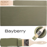 Bayberry Fusion Mineral Paint, olive green acrylic, shown with brush, can, and color swatches.