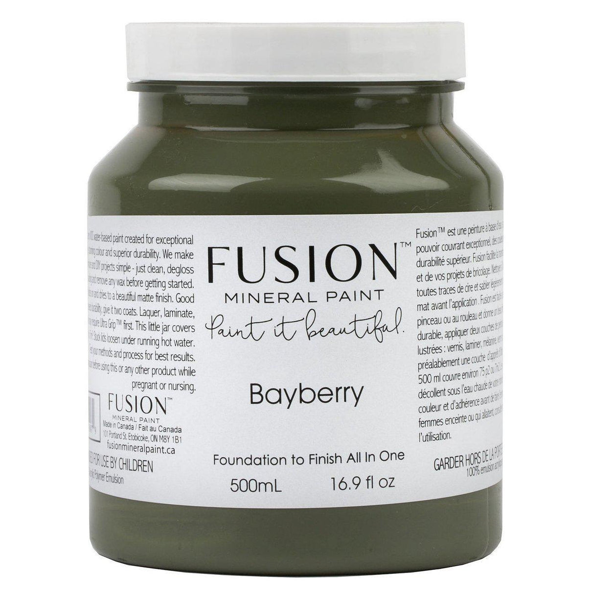 500 mL Bayberry Fusion Mineral Paint all-in-one acrylic in olive green with label and text visible.