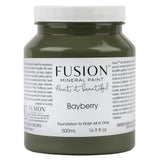 500 mL Bayberry Fusion Mineral Paint all-in-one acrylic in olive green with label and text visible.