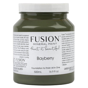 500 mL Bayberry Fusion Mineral Paint all-in-one acrylic in olive green with label and text visible.