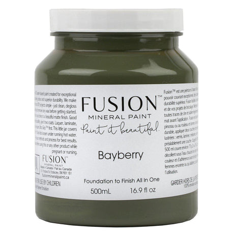 500 mL Bayberry Fusion Mineral Paint all-in-one acrylic in olive green with label and text visible.