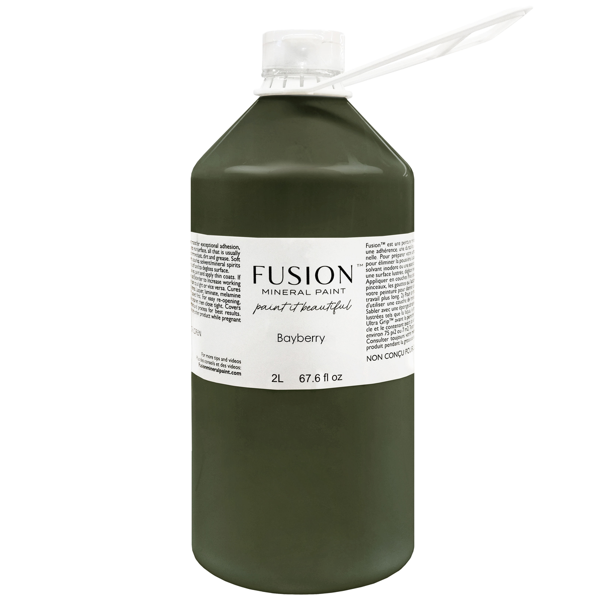 2L Bayberry Fusion Mineral Paint in olive green, all-in-one acrylic, with white label and cap, stir stick included.