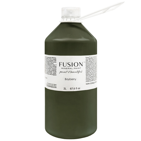 2L Bayberry Fusion Mineral Paint in olive green, all-in-one acrylic, with white label and cap, stir stick included.