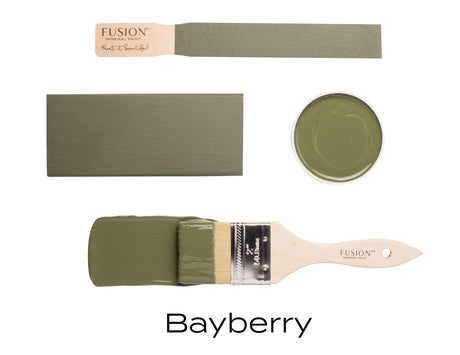 Bayberry Fusion Mineral Paint in olive green with wood stick, paint swatch, can, and brush.