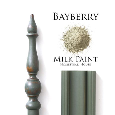 Bayberry Milk Paint by Homestead House with green wood pieces and pale powder.